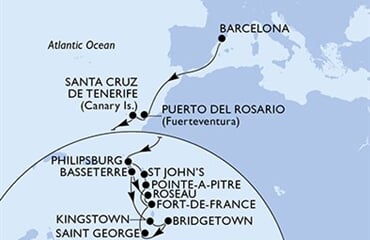 MSC World Europa - Španělsko, Nizozemské Antily, Sv.Kryštof a Nevis, Sv.Vincenc a Grenadiny, Barbados, ... (z Barcelony)