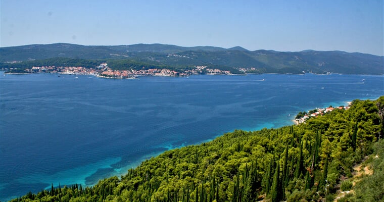 Air view to Orebic and island of Kor¦Źula