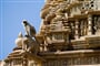 opice a v pozadí chrámy v Khajurahu