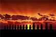 Fifteen silhouettes of standing moai at sunset in Easter Island_shutterstock_778997861